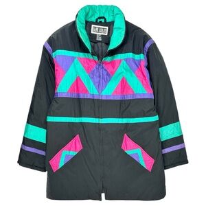 Vintage 1980s 1990s Black Turquoise Purple Pink  Padded Nylon Puffer Jacket Coat